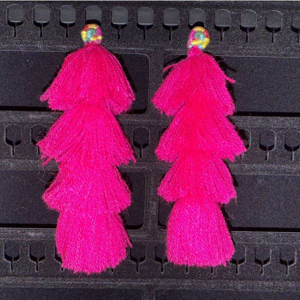 All Things Mochi Ittou Pink 4 Tiered Tassel Statement Earrings Boho Artisa